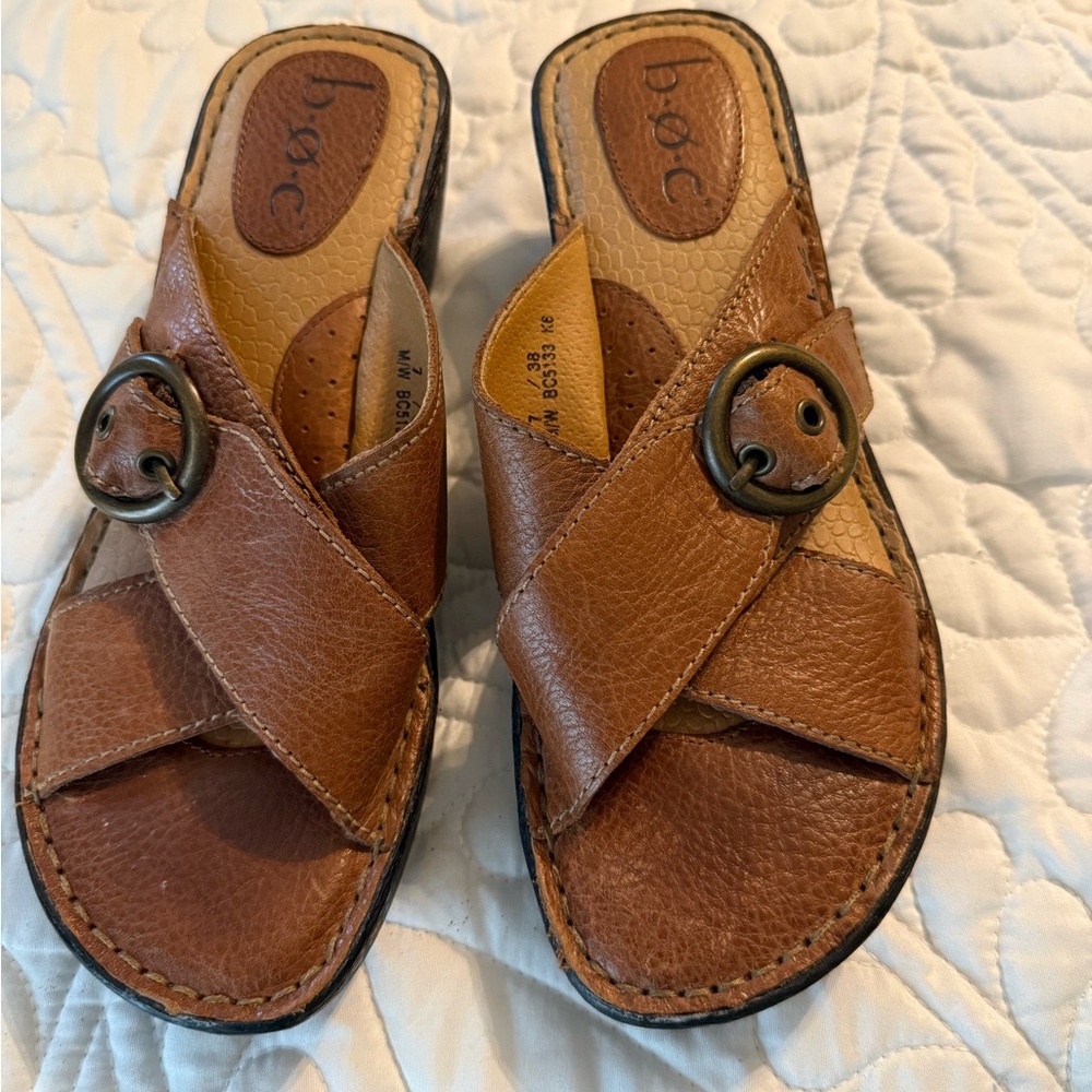 b.o.c. Tan Leather Cross-Strap Slide Sandals with Metal Buckles